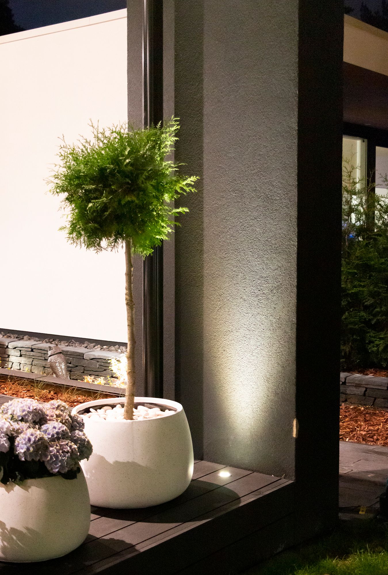 A flush-mounted patio pot behind and highlighting the plant. The spotlight provides indirect light through the wall from the bottom up. Ledstore.fi